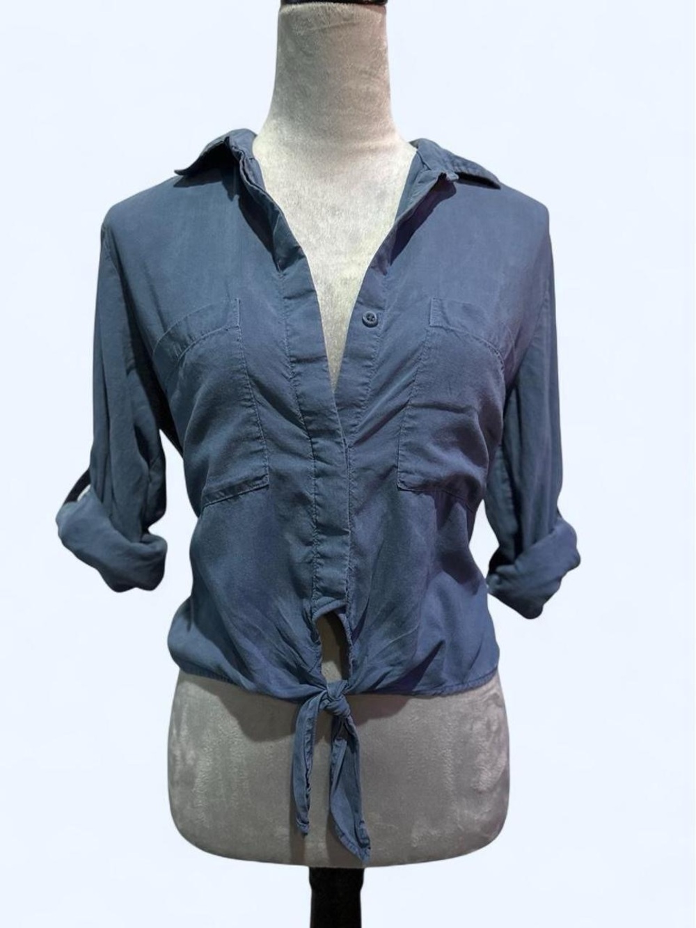 Cloth and Stone Womens XS Slate Blue Tencel Tie Front Roll Tab Sleeve Shirt Top